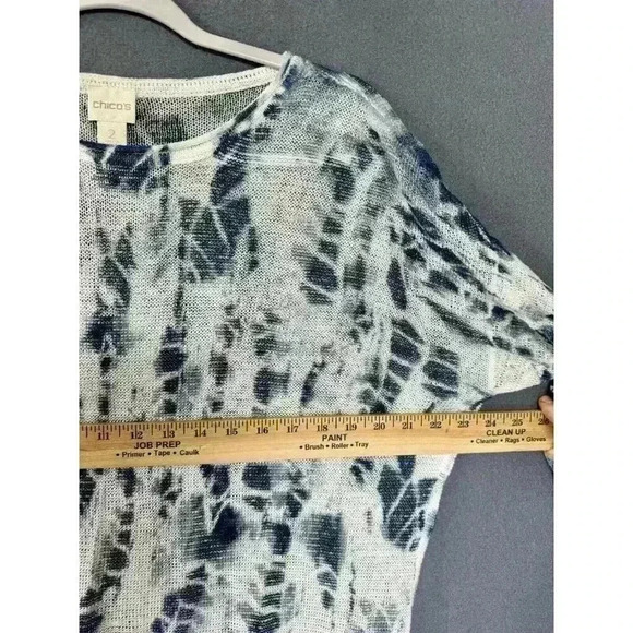 Chico’s Allison Pullover Open Knit Top 2/Large Blue Tie Dye Linen Asymmetrical - Picture 9 of 11